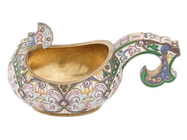 RUSSIAN GILT SILVER CLOISONNE ENAMEL KOVSH LADLE