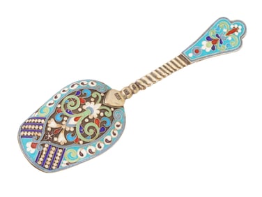 RUSSIAN GILT SILVER CLOISONNE ENAMEL SUGAR SPOON