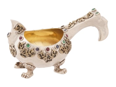 RUSSIAN SILVER KOVSH W EMERALDS RUBIES AND SAPPHIRES