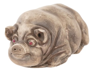 RUSSIAN SILVER FIGURINE OF PIG WITH RUBY EYES
