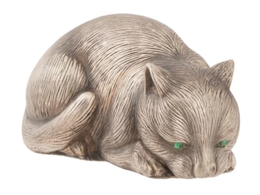 RUSSIAN SILVER FIGURINE OF CAT W EMERALD EYES