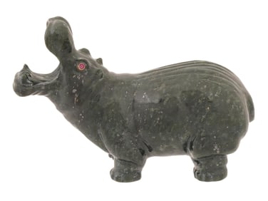 RUSSIAN NEPHRITE JADE RUBY GOLD FIGURINE OF HIPPO