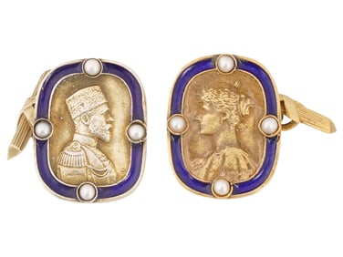 RUSSIAN IMPERIAL GILT SILVER ENAMEL CUFFLINKS W PEARLS