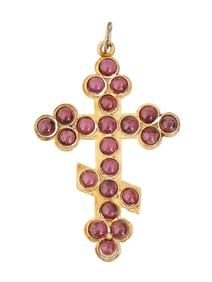 RUSSIAN GILT SILVER ORTHODOX CROSS PENDANT W GARNETS