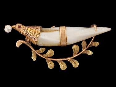 ANTIQUE 14K GOLD MOTHER OF PEARL BIRD BROOCH W DIAMOND