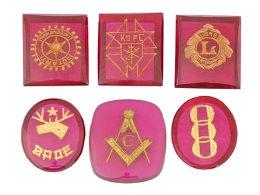 GROUP OF SIX VINTAGE RED GLASS INTAGLIOS W SYMBOLS