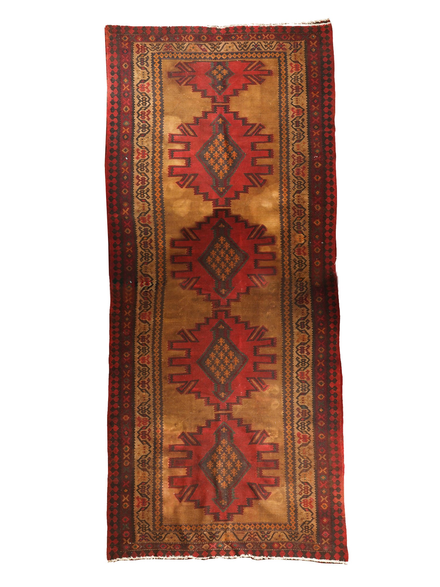 VINTAGE RUSSIAN RECTANGULAR HANDWOVEN KILIM: A vintage Russian rectangular handwoven Kilim. It features a warm color palette with shades of red and brown. The design consists of a central field with a series of geometric diamond shapes running a