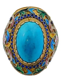 RUSSIAN GILT SILVER CLOISONNE ENAMEL TURQUOISE RING