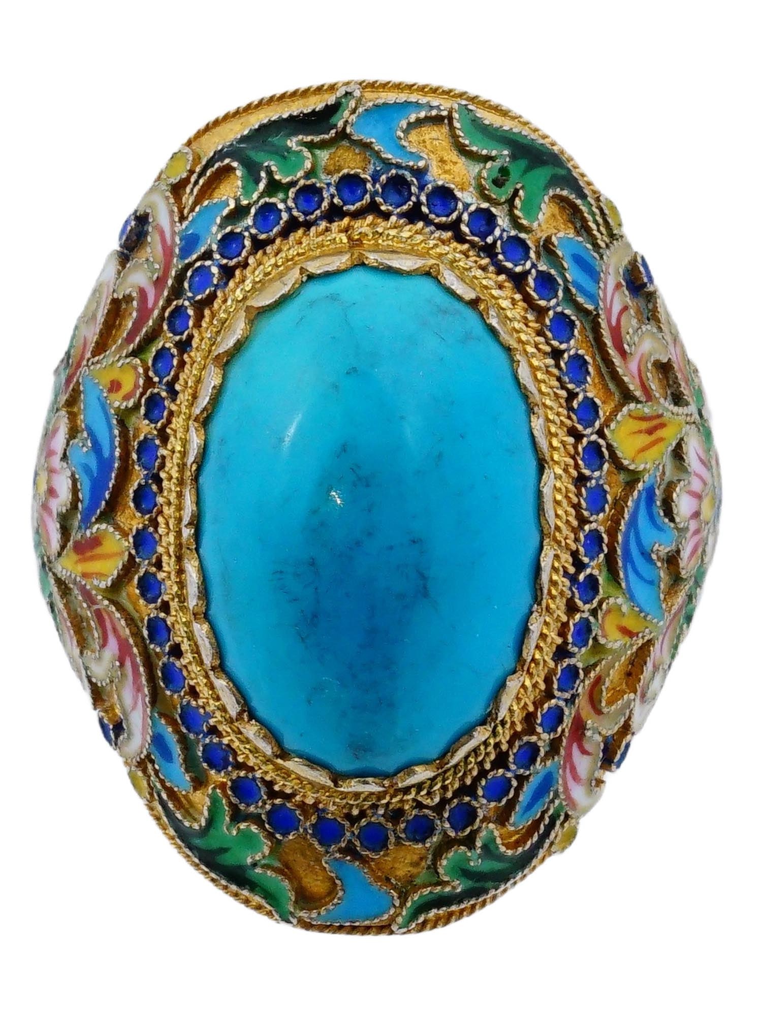 RUSSIAN GILT SILVER CLOISONNE ENAMEL TURQUOISE RING (1 of 7)