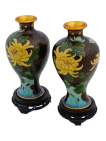 PAIR OF JAPANESE CLOISONNE ENAMEL VASES W STAND