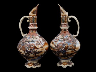 PAIR OF JAPANESE SATSUMA SAMURAI CERAMIC PITCHERS