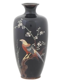 ASIAN BIRD FLORAL POLYCHROME CLOISONNE ENAMEL VASE
