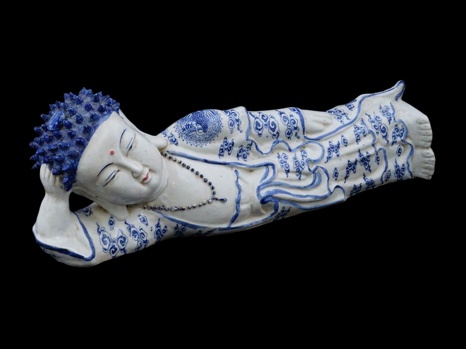 CHINESE RECLINING BUDDHA BLUE WHITE PORCELAIN STATUE (1 of 9)