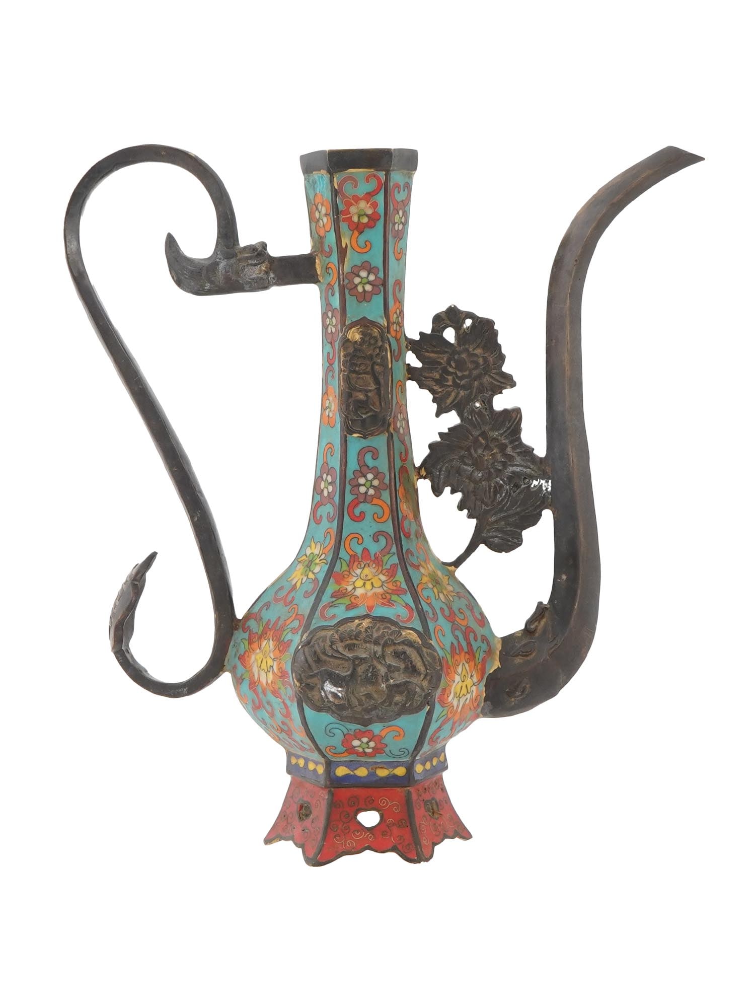 ANTIQUE CHINESE ENAMEL BRONZE PITCHER: An antique Chinese cloisonne enamel bronze pitcher. The pitcher is adorned with a curved handle with a dragon Pixiu beast head at the end. The body of the pitcher has a turquoise enamel ground adorned