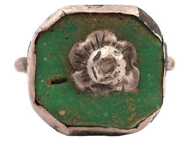 ANCIENT ROMAN SILVER GLASS RING W APPLIED FLOWER DECOR