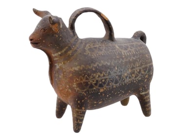 ANCIENT CYPRIOT PAINTED TERRACOTTA BULL VESSEL