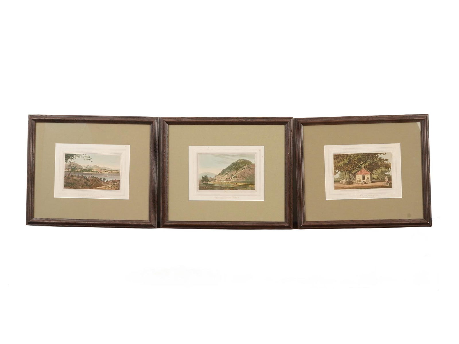 THOMAS AND WILLIAM DANIELL LANDSCAPE LITHOGRAPHS: Thomas and William Daniell, English, 1749 to 1840 and 1769 to 1837 accordingly, color lithographs on paper. Indian landscapes. View of Gyah, an Hindoo Town in Bahar. The Sacred Tree at Gyah in the Pro