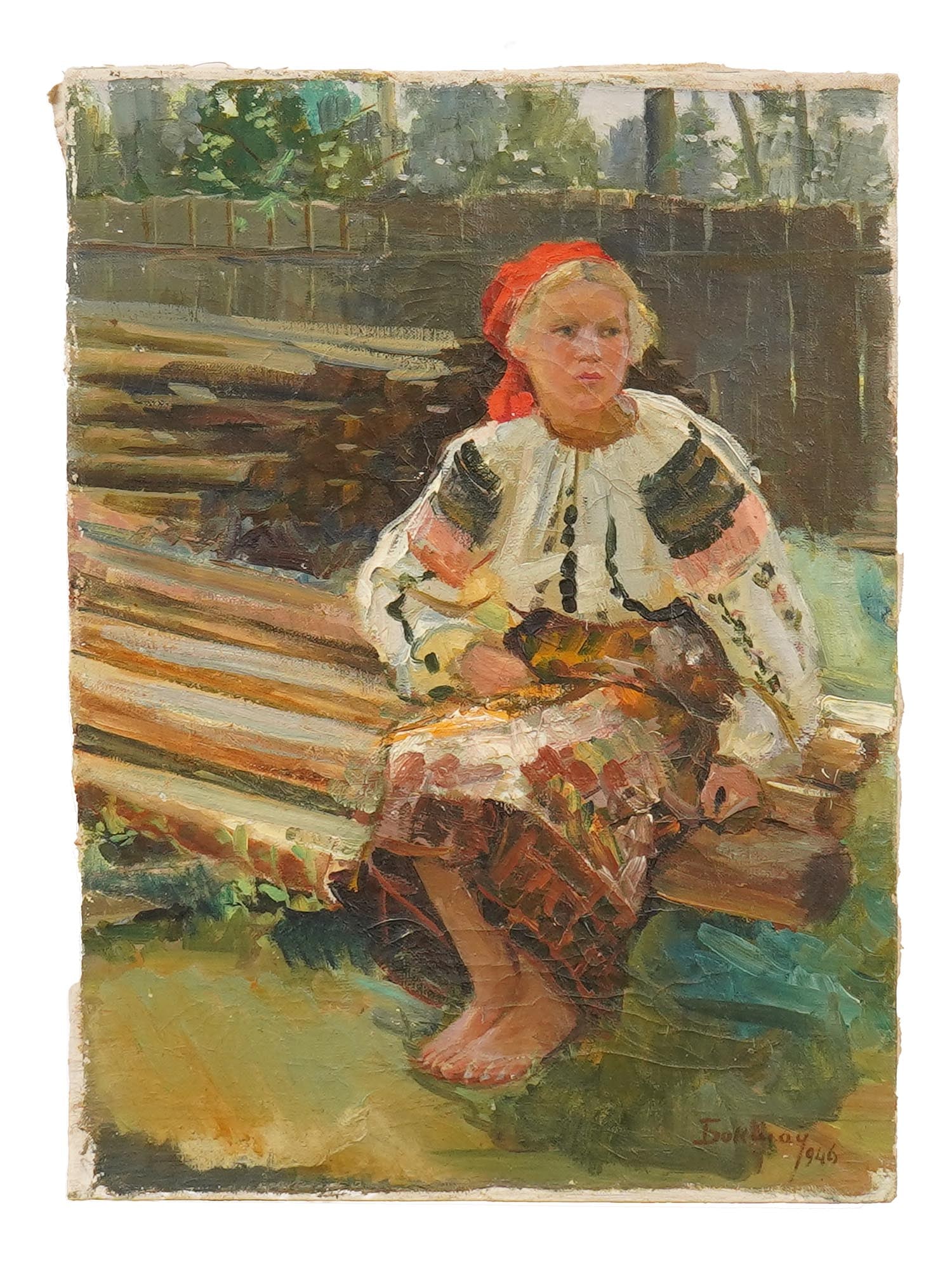 JOZSEF BOKSAY CARPATHIAN FEMALE PORTRAIT PAINTING: Jozsef Boksay, or Joseph Bokshay, Hungarian-Ukranian, 1891 to 1975, oil on canvas painting. Portrait of a seated peasant girl. Signed and dated 1946 in the lower right. Unframed. Joszef Boksay was an 