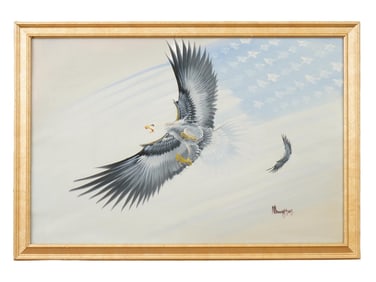 AMERICAN OIL PAINTING WITH BALD EAGLES SIGNED