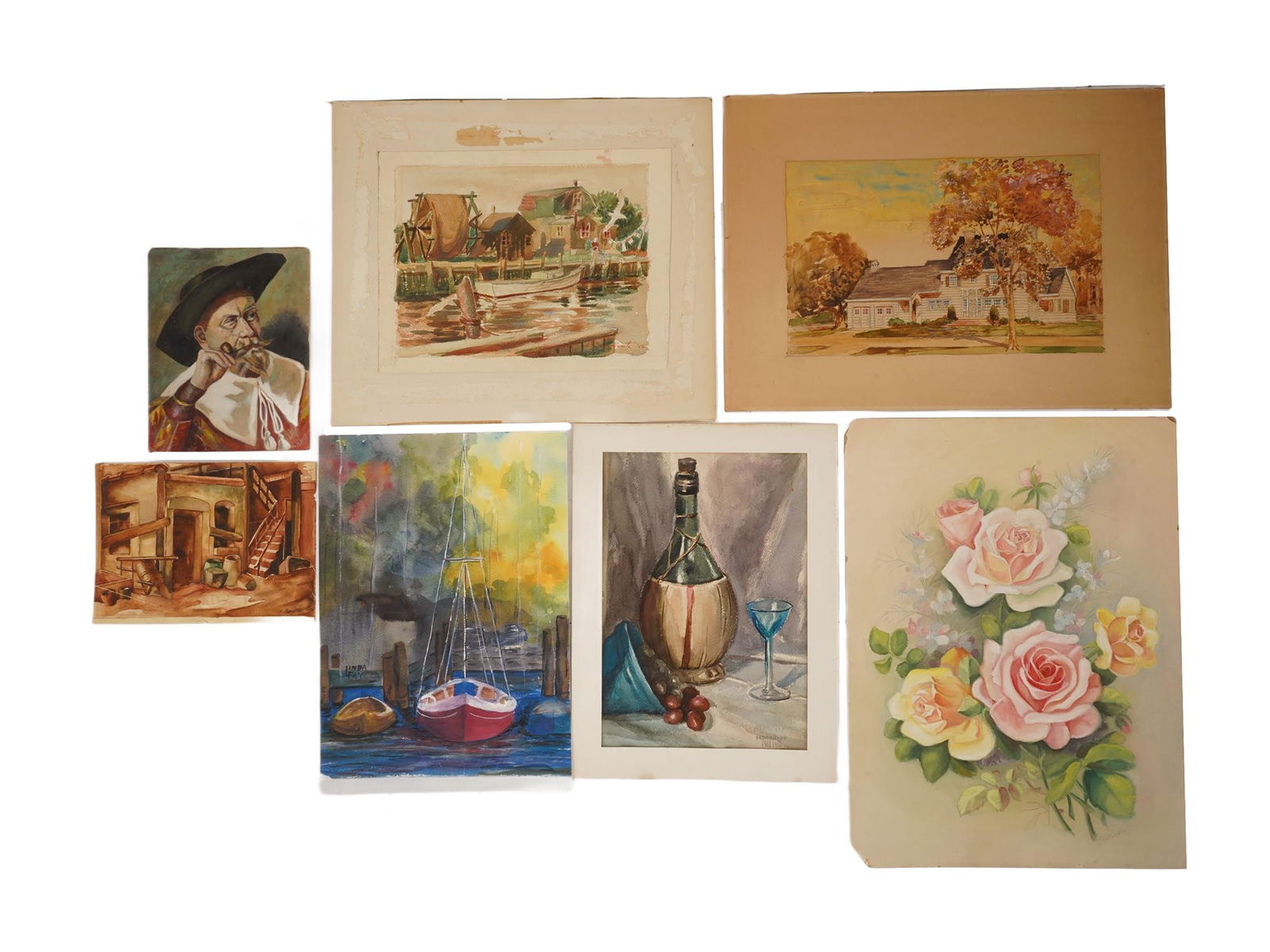 GROUP OF AMERICAN WATERCOLOR PAINTINGS SIGNED: A lot of 7 watercolor paintings on paper and on board. American, mid-20th century. Male portrait, rural landscapes, still lives. Most of the artworks are signed, Moorehead Phillips, Linda Fay, Gertrud