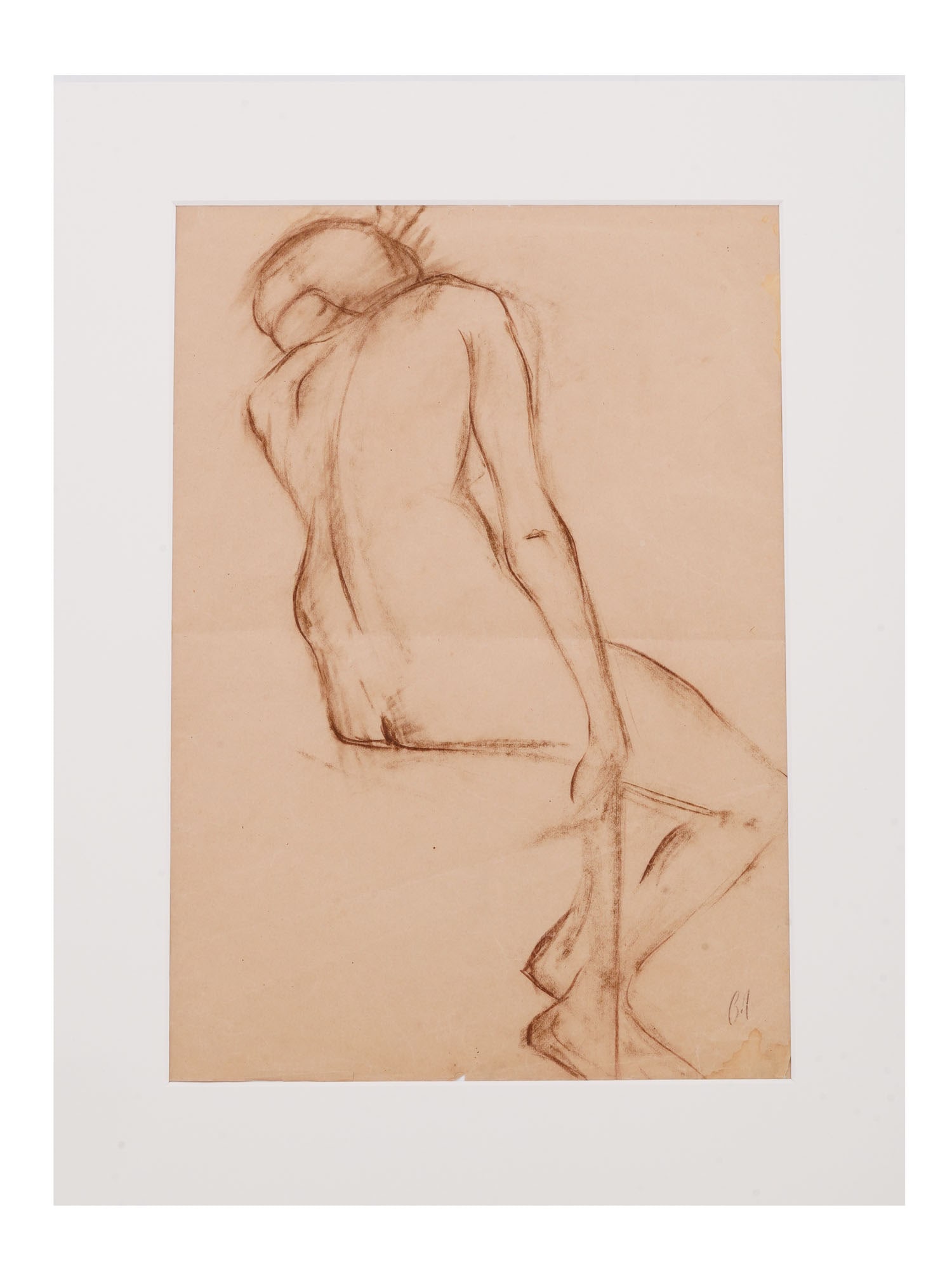 RUSSIAN SKETCH PENCIL PAINTING BY VLADIMIR LEBEDEV: Vladimir Vasilievich Lebedev, Russian, Soviet era, 1891 to 1967, academic sketch pencil painting on paper depicting a female nude figure from the back. Signed with initials lower right. Matted. Vladim