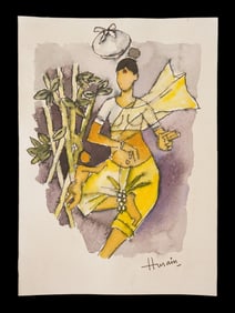 INDIAN WATERCOLOR PAINTING SIGNED MAQBOOL FIDA HUSAIN