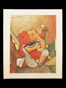 SIGNED MF HUSAIN INDIAN WATERCOLOR PAINTING W COA