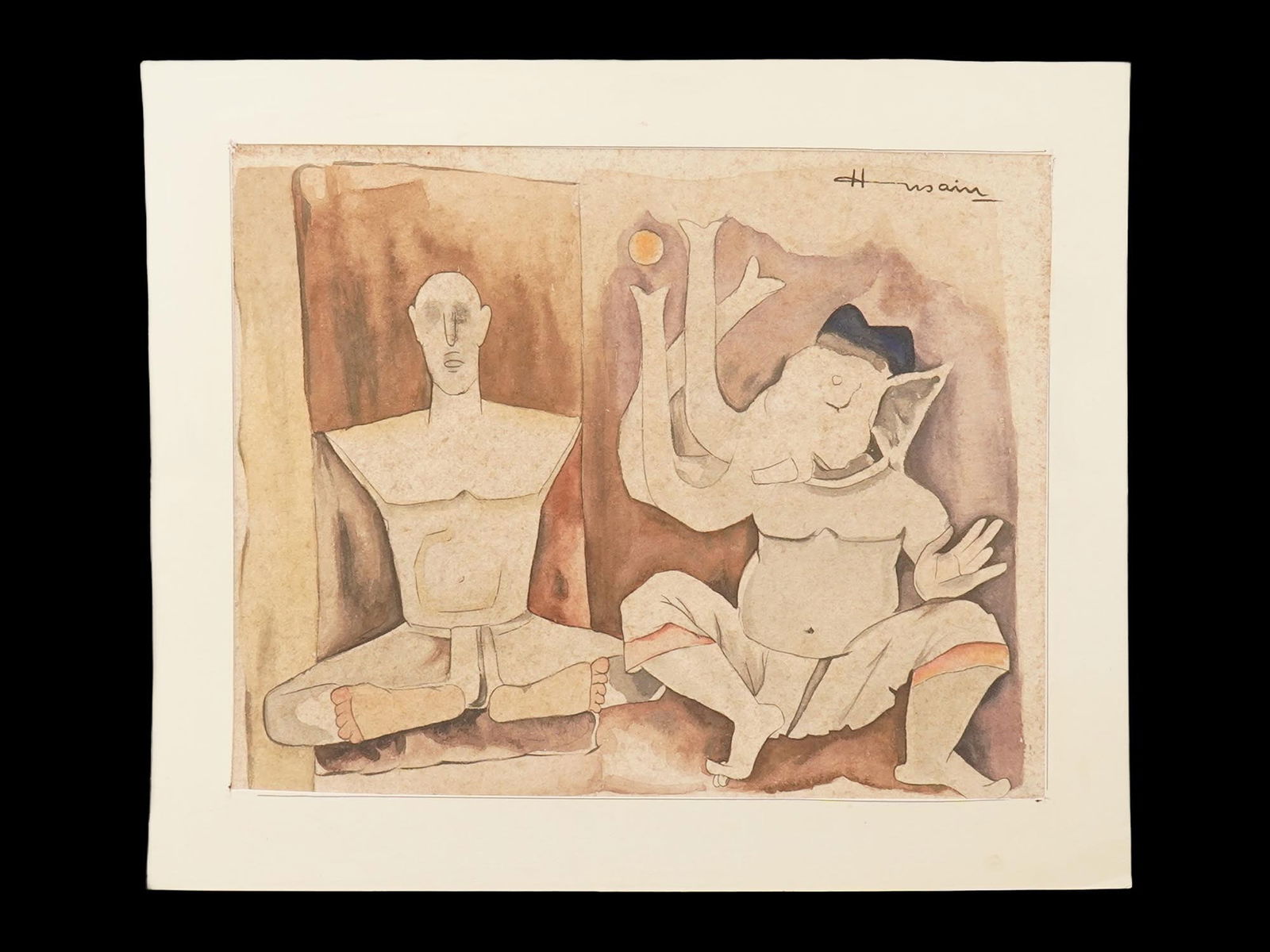SIGNED MF HUSAIN INDIAN WATERCOLOR PAINTING W COA (1 of 5)