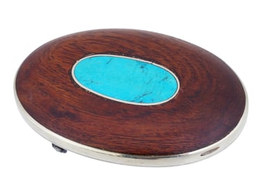 VINTAGE METAL AND WOOD BELT BUCKLE W TURQUOISE