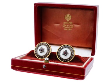 RUSSIAN SILVER ENAMEL DIAMOND GARNET CUFFLINKS