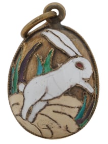 RUSSIAN SILVER ENAMEL EGG PENDANT WITH RABBITS