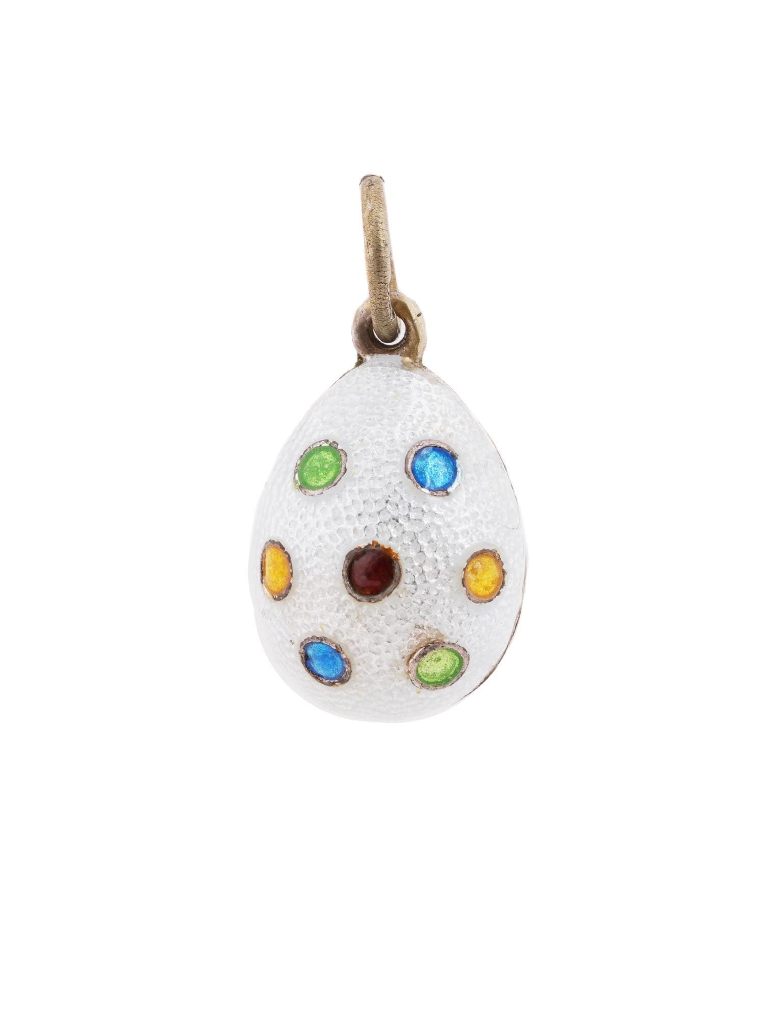 RUSSIAN 88 SILVER GILT AND ENAMEL EGG PENDANT: A fine Russian miniature egg pendant made of gilded silver, the relief surface is covered with a white guilloche enamel adorned with polychrome enamel dots. Hallmarked on the fitting ring with an 88 s