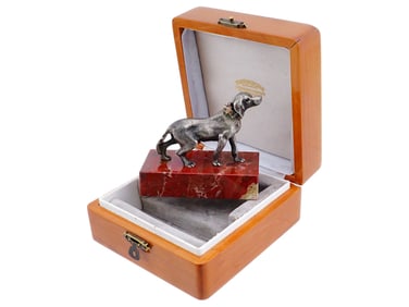 RUSSIAN SILVER DIAMOND DOG FIGURINE ON JASPER BASE