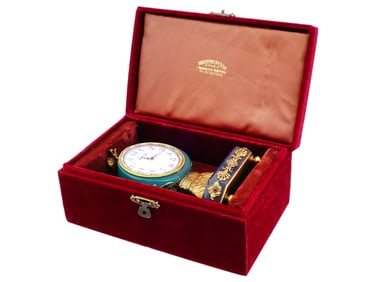 RUSSIAN 14K GOLD SILVER DIAMOND ENAMEL AGATE CLOCK