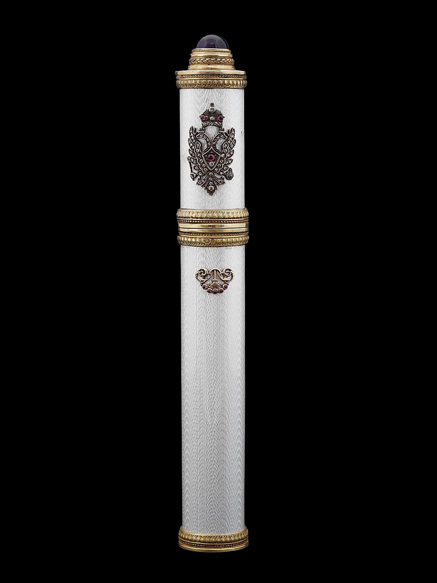 LARGE RUSSIAN SILVER ENAMEL CIGAR CASE W DIAMONDS: The body of the case is covered with white guilloche enamel. The cap is decorated with a silver imperial eagle with inlaid diamonds and amethysts. An amethyst cabochon tops the case. Hallmarks 88 silv