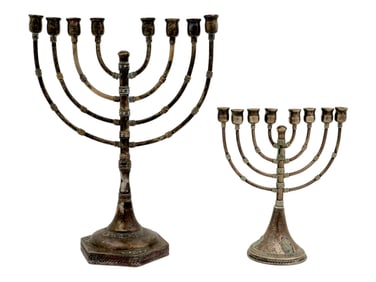TWO ANTIQUE STERLING SILVER MENORAH LAMPS