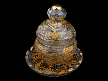 BOHEMIAN CUT GLASS W ENAMEL BONBONNIERE CANDY BOWL