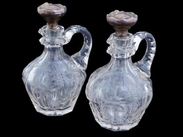 VINTAGE CZECH CUT GLASS DECANTERS WITH SILVER STOPPERS