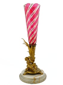 ANTIQUE FRENCH BRONZE ONYX BACARAT STYLE GLASS VASE CENTERPIECE