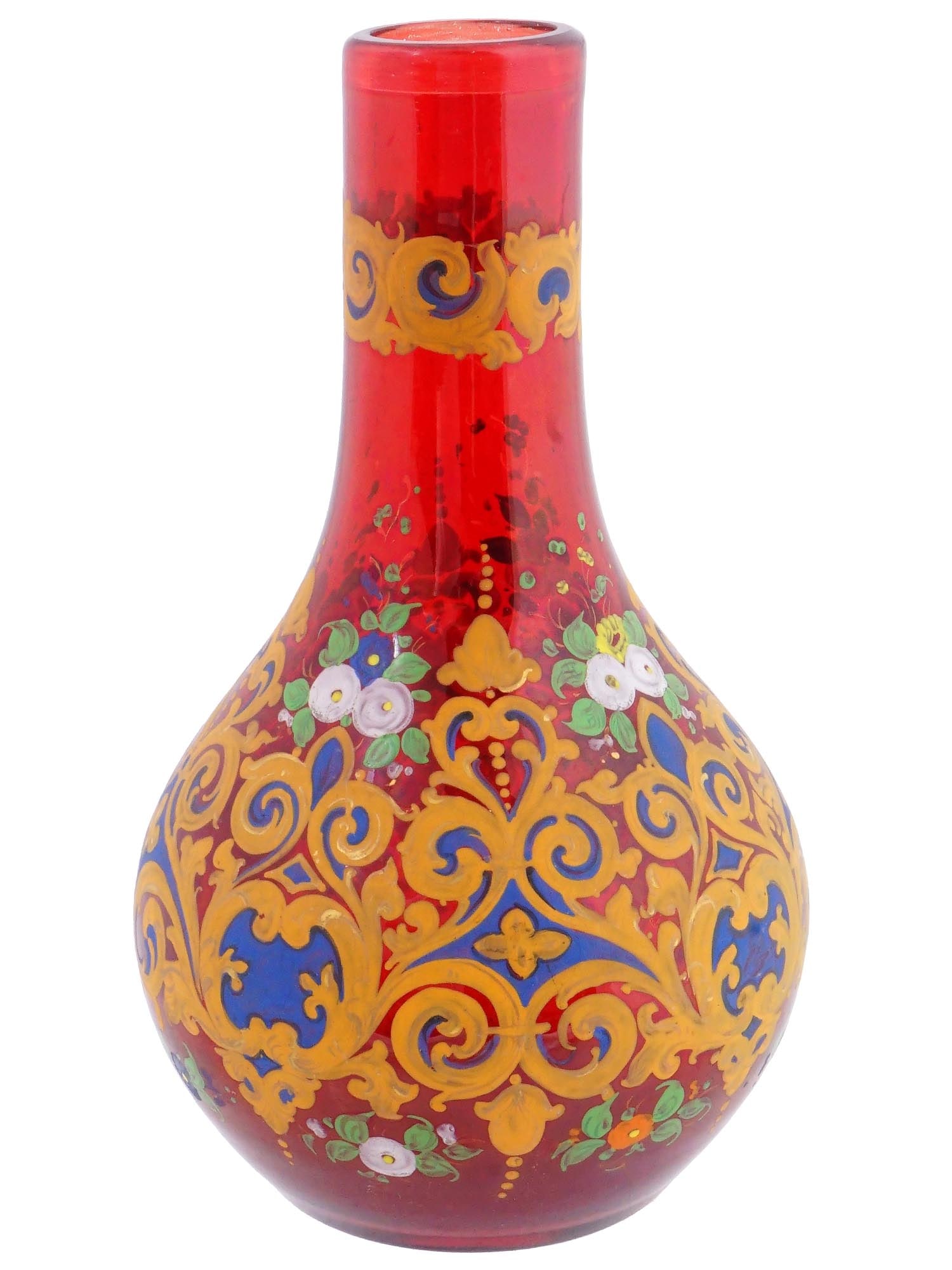 ANTIQUE 19TH C BOHEMIAN HAND PAINTED RED GLASS VASE (1 of 6)