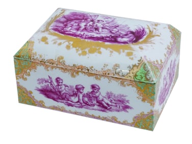 ANTIQUE 19TH CEN MEISSEN STYLE PORCELAIN BOX W PUTTI