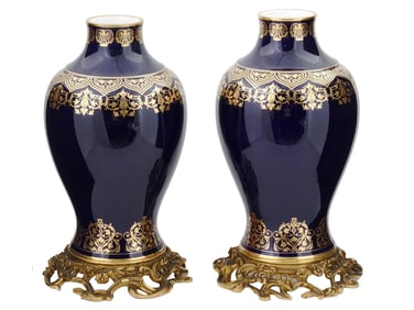 ANTIQUE SEVRES PORCELAIN VASES ON BRONZE STANDS