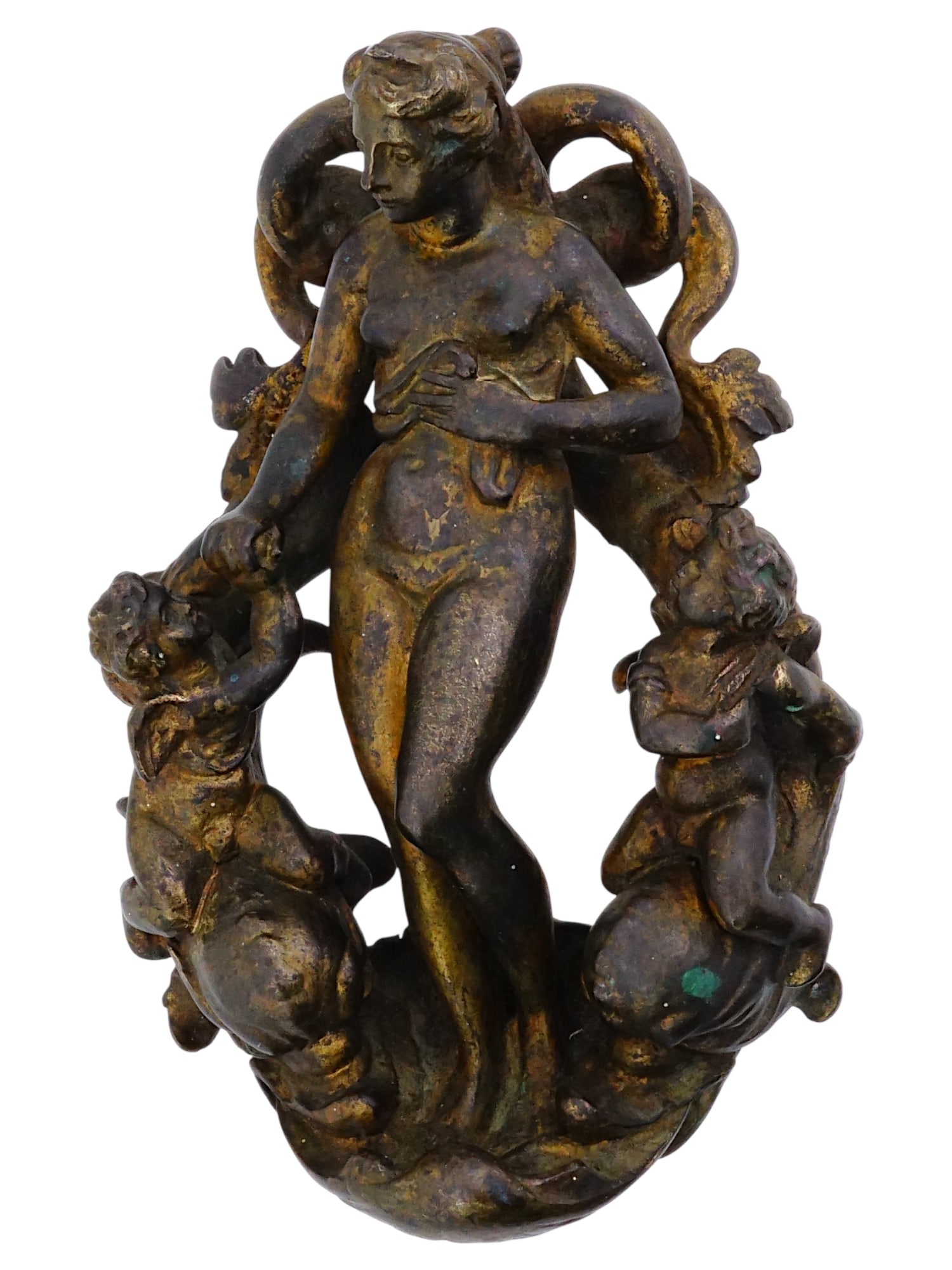 ANTIQUE 18TH C RENAISSANCE BRONZE DOOR KNOCKER: An antique 18th-century Renaissance bronze door knocker. The piece features a central female figure surrounded by putti. A nude female figure stands prominently, with her hand placed on her chest. She