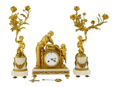 ANTIQUE GILT BRONZE MANTEL CLOCK AND CANDELABRAS