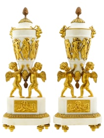 ANTIQUE FRENCH EMPIRE GILT BRONZE AND MARBLE URNS