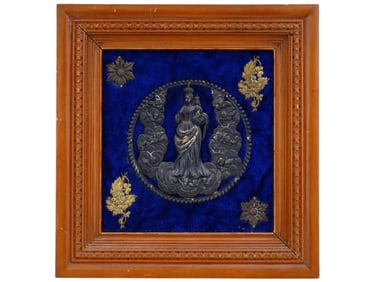 ANTIQUE 17TH C SILVER REPOUSSE PLAQUE VIRGIN MARY