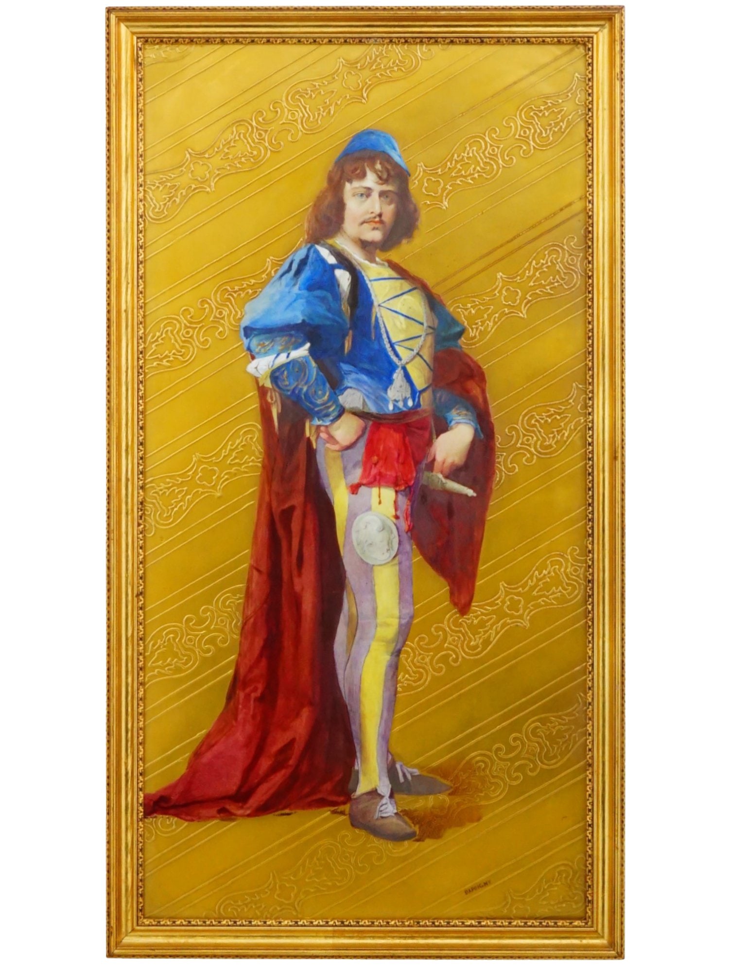 ATTR ALBERT LOUIS DAPOIGNY HAND PAINTED TILE PLAQUE: Attributed to Albert Louis Dapoigny, French, 1885 to 1931, hand painted on tile plaque depicting a portrait of a man. Signed lower left. Presented in a painted frame. Albert Louis Dapoigny was a Frenc