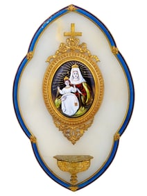 ANTIQUE EUROPEAN ENAMEL HOLY FONT W VIRGIN MARY