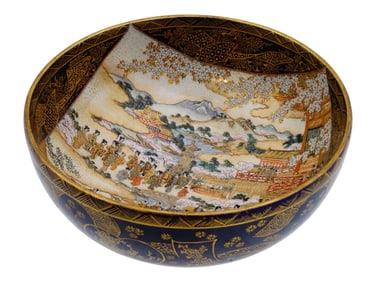 ANTIQUE JAPANESE SATSUMA PORCELAIN COBALT BLUE BOWL