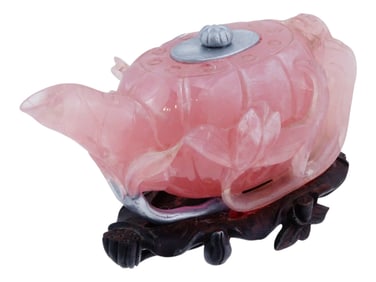 CHINESE CARVED PINK ROSE QUARTZ TEA POT W WOOD STAND